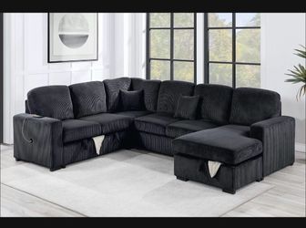 New! 🛋️ Black or Gray Large Sofa Sectional-Sleeper-Storage & USB Charging Corduroy