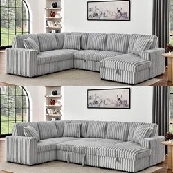 122” modular sleeper sofa with chaise, storage, pull-out bed, and charging ports
