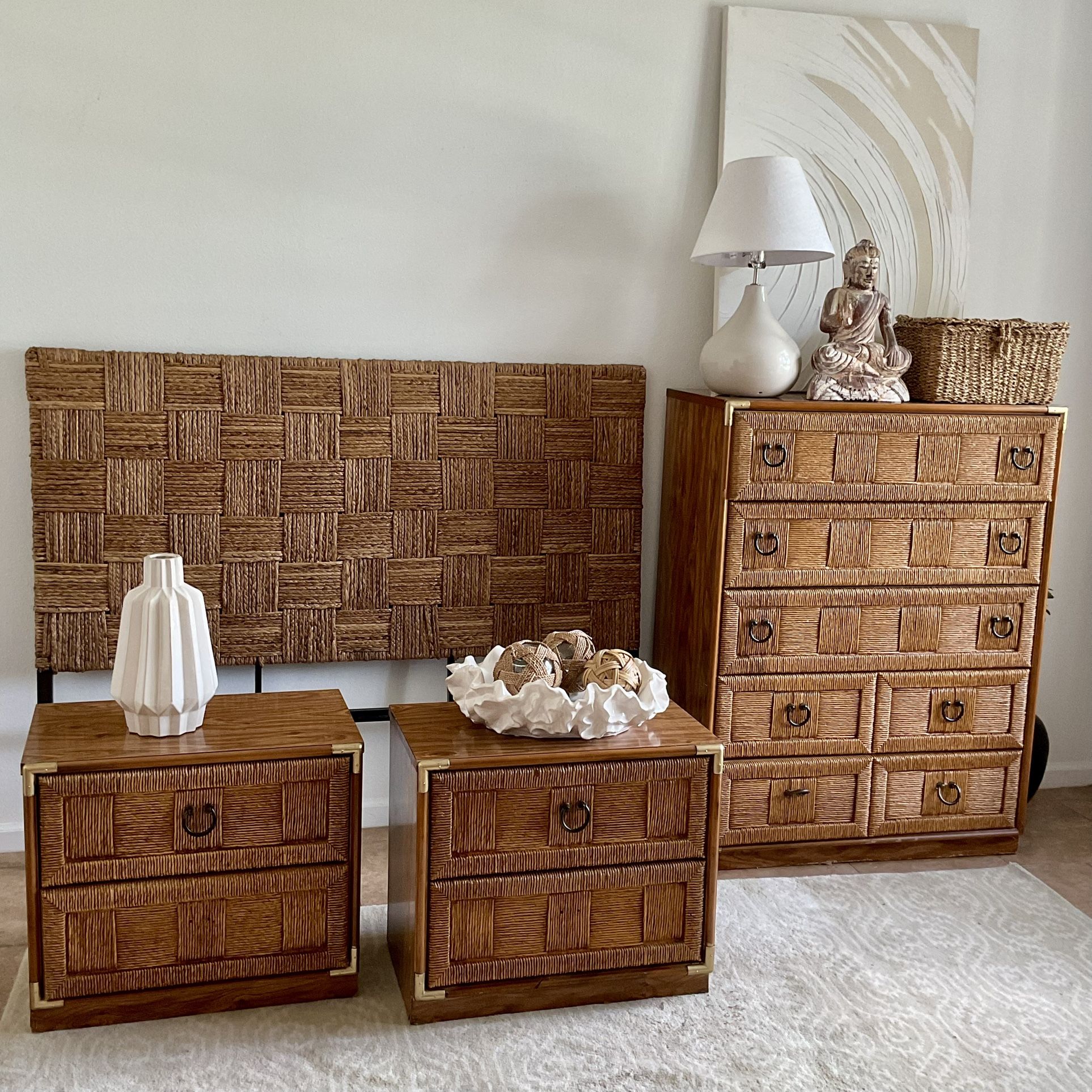 Gorgeous PotteryBarn Queen Headboard, Tall Dresser Chest , Side Tables