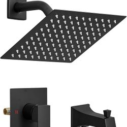 Matte Black Shower Faucet Set 8 Inch Square Rainfall Shower Head with Tub Spout Bathtub Shower System Wall Mounted Stainless Steel Shower Combo Set Ro