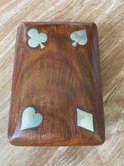 Handmade Wooden Playing Card Box with Metal Suit Inlays