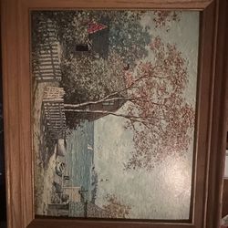 Vintage Framed Lake House Landscape Painting Wall Art