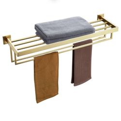 KOKOSIRI 32'' Towel Shelf Holder Bathroom Towel Rack with Two Bath Towel Bars Rails SUS304 Stainless Steel Wall Mount, Brushed Gold B6003BG-L32