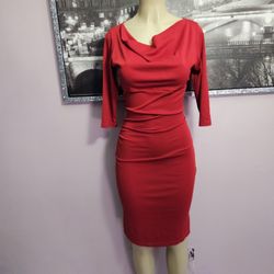 Size Large Red Half Sleeve Midi Dress Ruched Fitted 