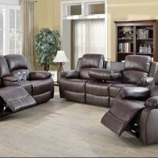 Brown Leather Fully Reclining Three Piece Couch Set