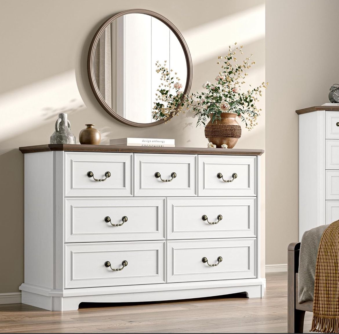 New Farmhouse Dresser for Bedroom with 7 Drawer, 48" Wide Rustic Chest of Drawers with Metal Handle, Wood Vintage Dresser TV Stand, Wooden Closet Stor