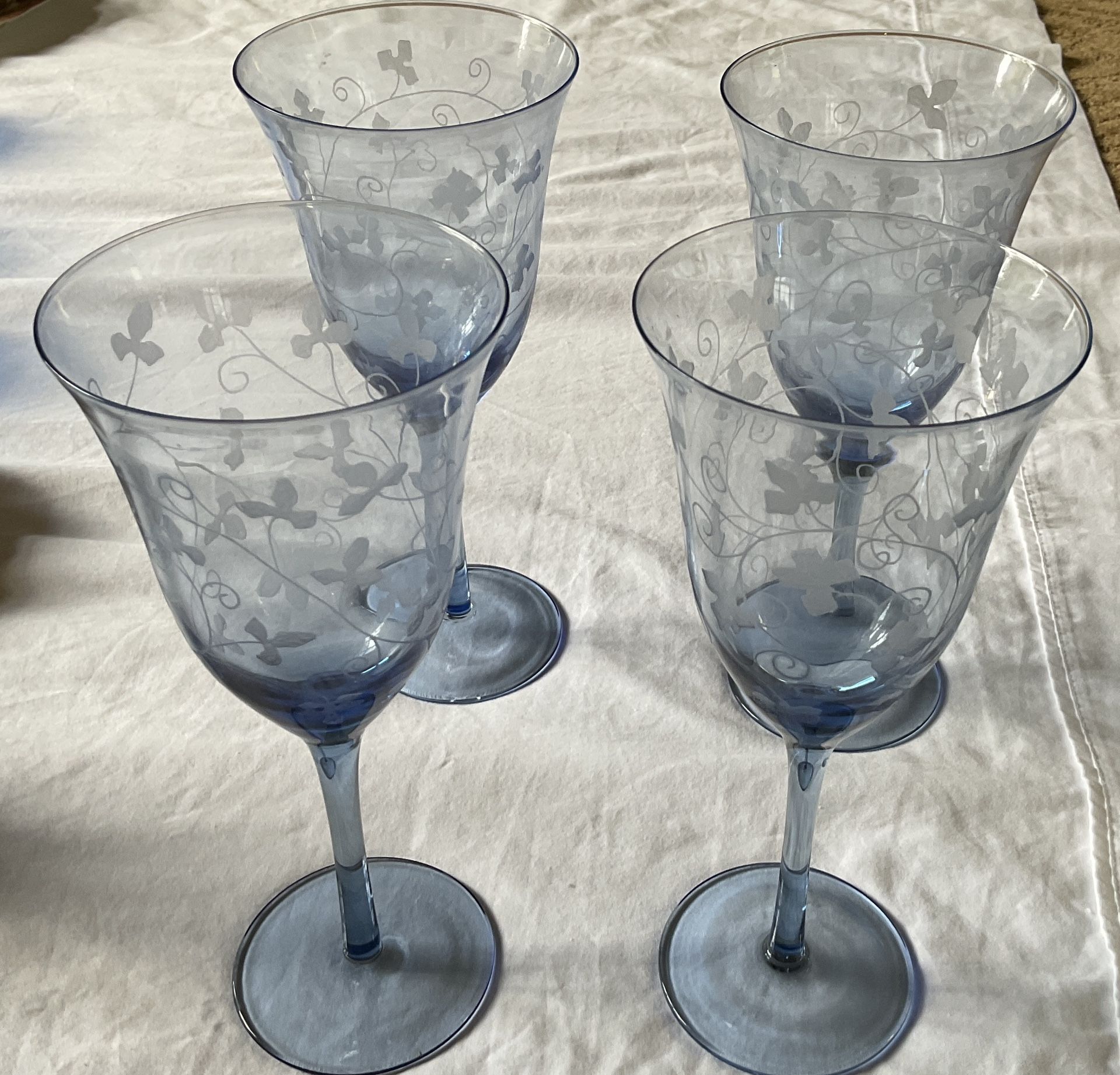 Long Stemmed Etched Blue Wine Glasses