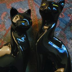 Vintage Mid Century Modern Black Cat Ceramic Statue Pair
