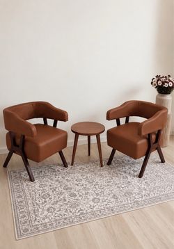 Set of 2 Faux Leather Barrel Accent Chairs with solid wood frame mid century wraparound back