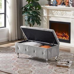 38” Gray Velvet Upholstered Bedroom Bench with Storage