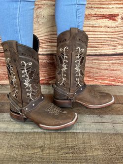 Women Western Cowgirl Flower Embroidered Cafe Brown Leather Boot Bota Vaquera Rodeo Dama