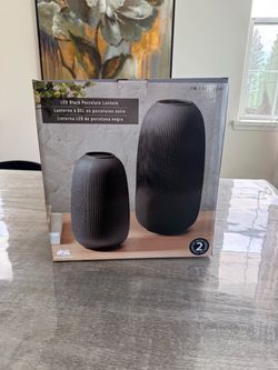 Evergreen LED Black Porcelain Lantern Set of 2