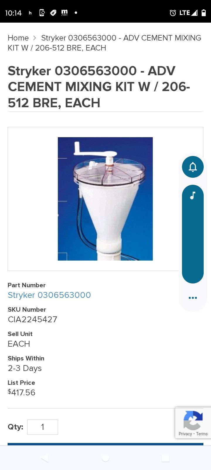 Stryker 0306-563-000- ADV Cement Mixing Kit W/ 206-512 BRE,Each