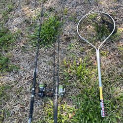  Fishing Gear Bundle: Two Fishing Poles, New Net, and Bait Bucket