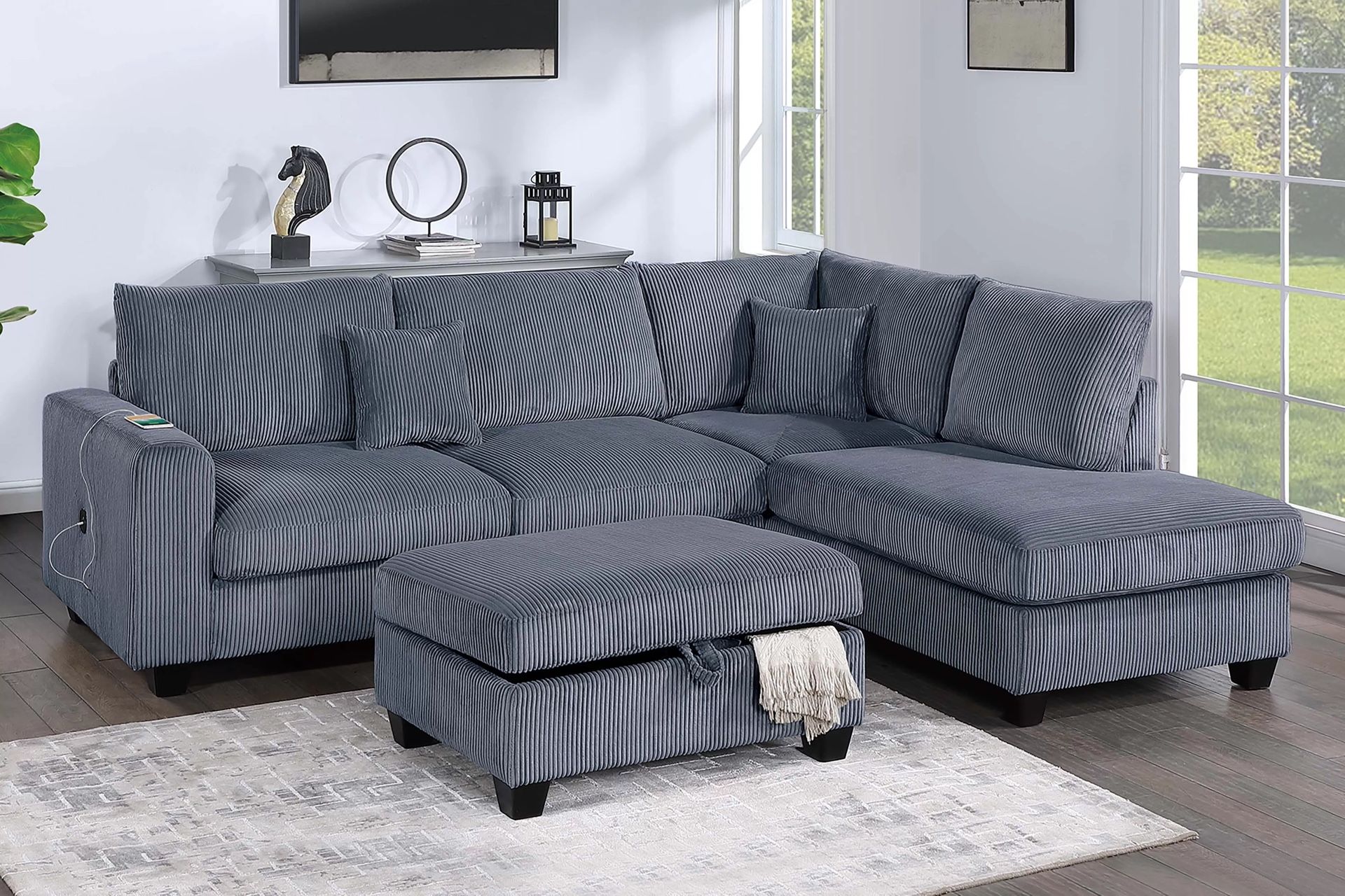 3-Piece Sectional Set RAF Chaise + LAF Sofa W/ USB Port + Storage Ottoman  Color: Dark Gray.  🔥  Seccional De 3 Piezas Nuevo En Caja 