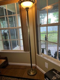 Vintage Antique Brass Torchiere Floor Lamp – Frosted Glass Shade