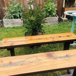 Handcrafted Wooden Bench Set With Epoxy Accent 