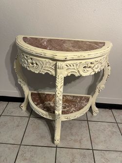 Solid Carved Wood Half-Moon Console Table w/ Real Marble Top & Shelf – French Country Style