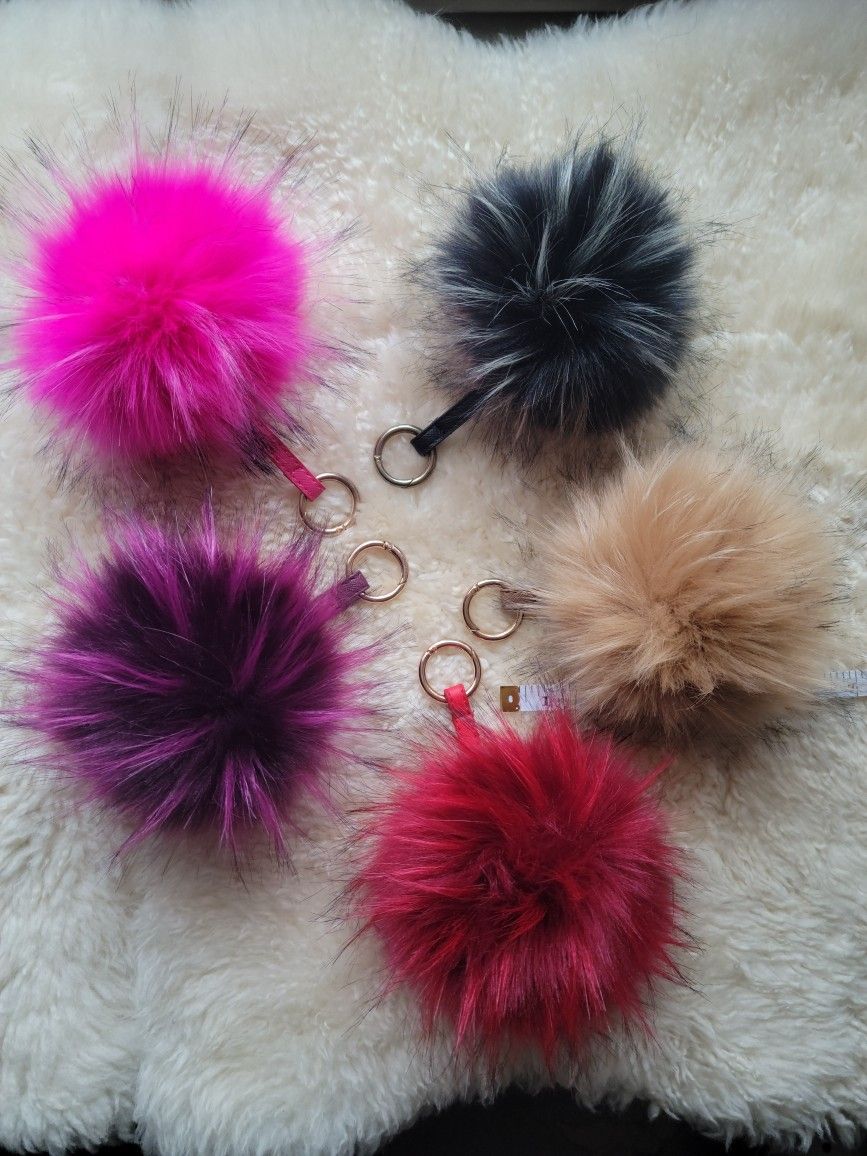 8" Faux Fox Fur Pom Pom Keychains Individually 