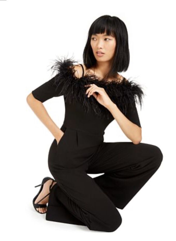 Calvin Klein Off the Shoulder Feather Jumpsuit. NWT. Size 8.