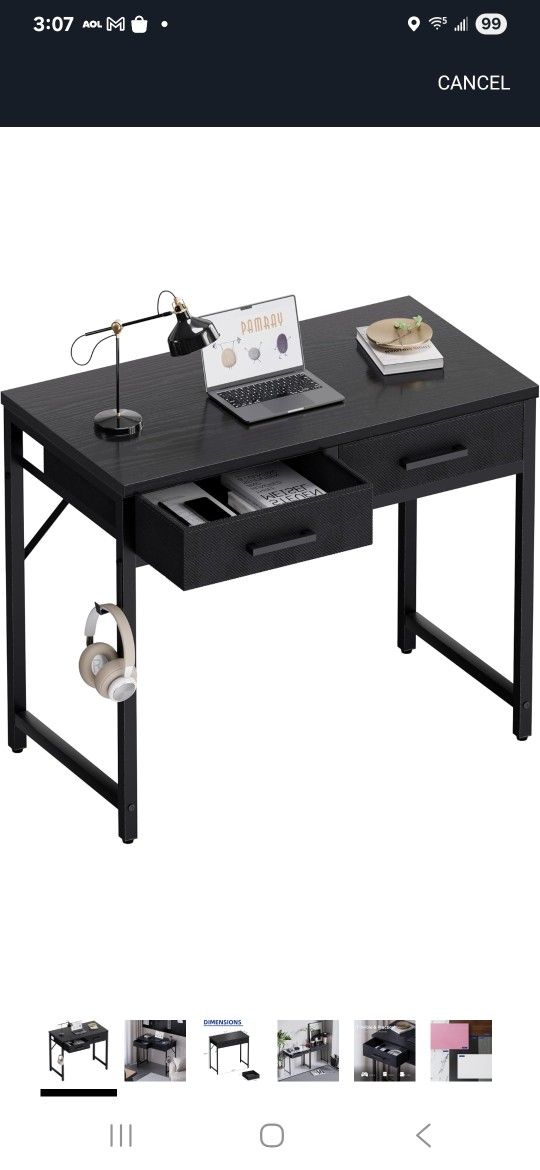 Small Black Desk Vanity 2 Drawer