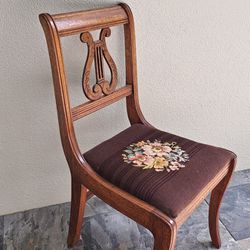 Vintage Duncan Phyfe Style Side Chair Needlepoint Floral Mahogany Lyre Harp Back 1940