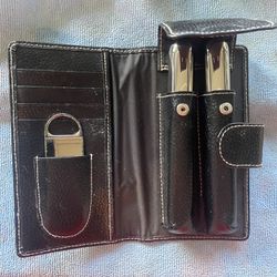 2 Tube Travel Cigar Case Portable Black Leather Holder, Tubes, Cutter Included