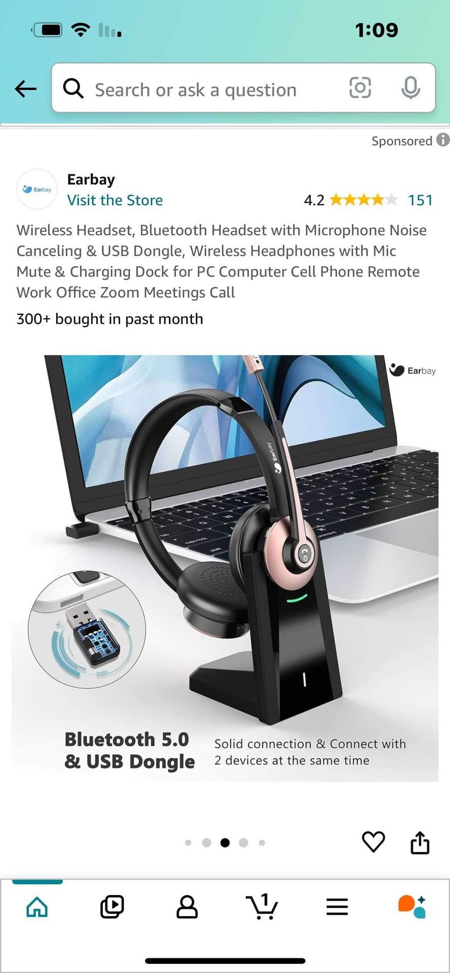 Wireless Headset, Bluetooth Headset with Microphone Noise Canceling & USB Dongle, Wireless Headphones with Mic Mute & Charging Dock for PC Computer Ce