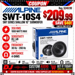 Alpine SWT-10S4 10" Shallow Mount Subwoofer Single 4-Ohm SVC 350W RMS 1000W Peak Thin Truck Sub Box Pulp-Kevlar Cone H.A.M.R. Surround Car Audio Bass 