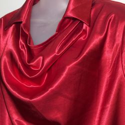 Mooyius Elegant Red Satin Blouse with Draped Neckline size L