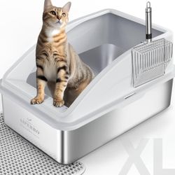 Stainless Steel Litter Box | XL Enclosed Cat Litter Boxs with Lid for Big Cats | High Sided, Anti-Urine Leakage | Non-Stick Bottom & Includes Litter M