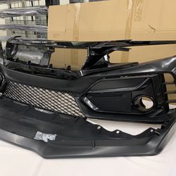 Type R Style Front Bumper Cover W/Grille W/Lip For 16-21 Honda Civic Sedan Coupe Hatchback 