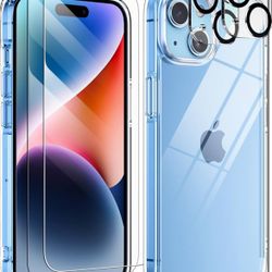 Crystal Clear Phone Case for iPhone 15 6.1 Inch | 5 in 1, with 2 Tempered Glass Screen Protector, 2 Camera Lens Protector, Anti-Scratch Full-Body Prot