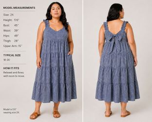 Women's Blue Gingham Tiered Dress Sleeveless Ruffle Sleeve V-Neck Tie 3X