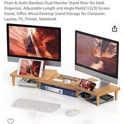 Bamboo Dual Monitor Stand Riser, Multifunctional Desktop Organizer