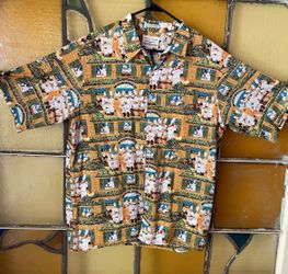 Vintage REYN SPOONER GUY BUFFET Men's yellow + green short sleeve button up Hawaiian pocket shirt w/ AOP ECOLE DE CUISINE ( French Chef) 