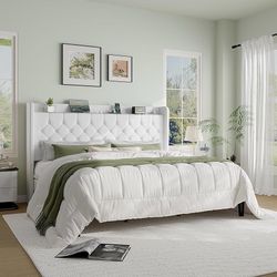 King Size Platform Bed Frame with Charging Station, Velvet Wingback Headboard with Storage Shelf, Wooden Slats Support, Ample Under-Bed Spa
