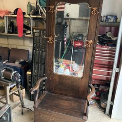 Vintage antique claw feet Art Nouveau Furniture tiger Oak wood Hall Tree Chair coat shoe compartment gloves