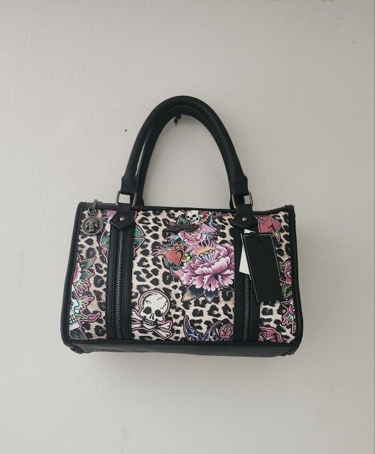 Ed Hardy Cheetah Skull and Roses Tattoo Design Satchel Crossbody Bag Color: Multi/Black