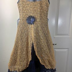 Golder Blue Partywear Dress For Girls