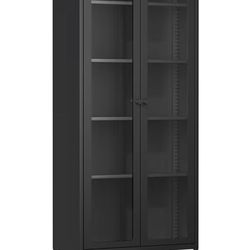 Metal Storage Cabinet with Glass Doors, Display Curio Glass Cabinet with 4 Adjustable Shelves