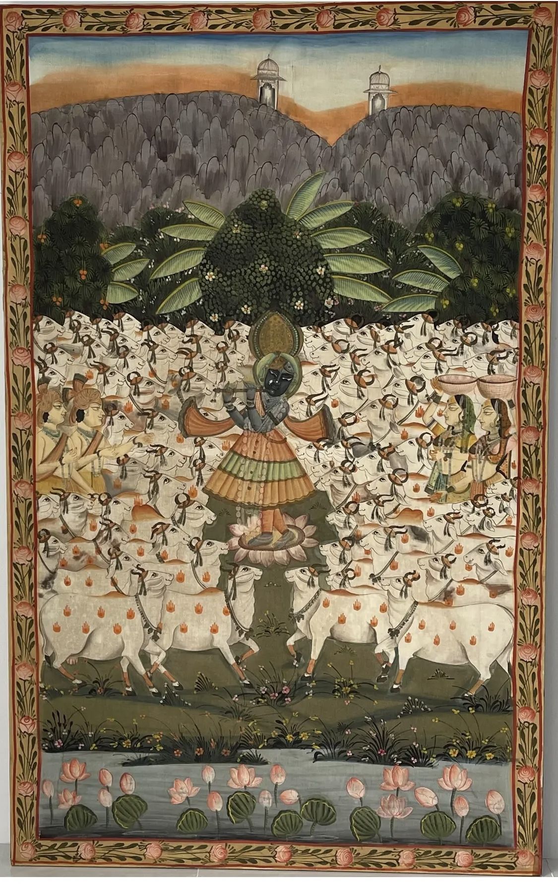 Krishna with flute and thousand cows Art work collectors rare find 77inx48in