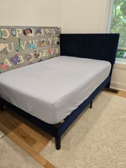 Full Size Navy Blue Velvet Upholstered Bed Frame