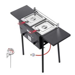Outdoor Propane Deep Fryer, Dual-Tank 8QT. x 2, Stainless Steel Foldable Dual Basket, Floor Standing for Home/Restaurant