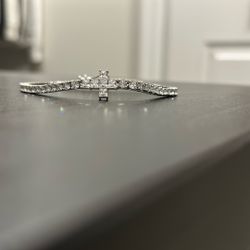 14k White Gold Plated/ 7”/ White Gold Cross Tennis Bracelet