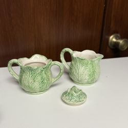 Fitz and Floyd Vintage green cabbage leaves Shaped Creamer and Sugar Set