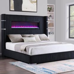 Brand New King Bed Frame with Fireplace / Cama King con Chimenea Nueva a Estrenar … Fast 🚚