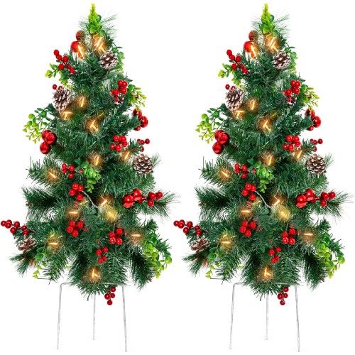 Products Set of 2 24.5in Pre-Lit Pathway Christmas Trees Decor w/ LED Lights