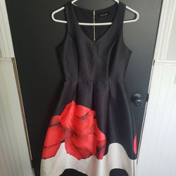 Black And Red satin Dress Red Flowers 