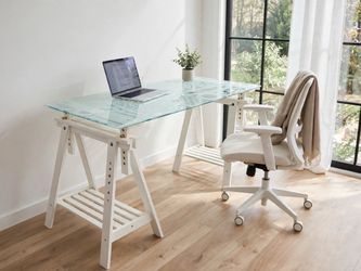 IKEA Glass Top Trestle Desk - Frosted Pattern - Adjustable Height - Scandinavian Home Office Desk
